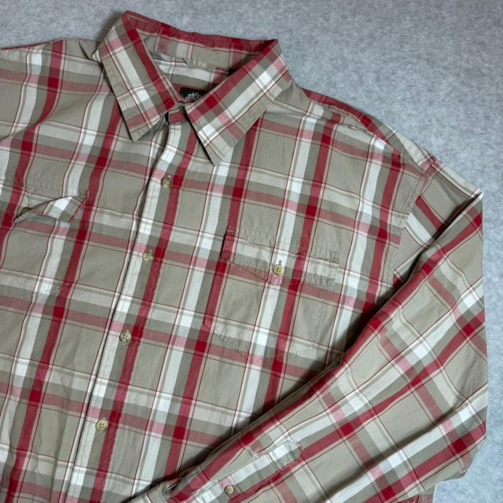 Timberland Button Down Shirt Mens 2XL Tan Red Plaid Flap Pocket Cotton LS